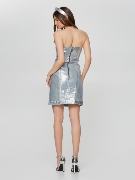 Γαλάζιο strapless κοντό φόρεμα με ιδιαίτερη μεταλλιζέ επεξεργασία και εξωτερικό φερμουάρ πίσω στην πλάτη Lynne 
