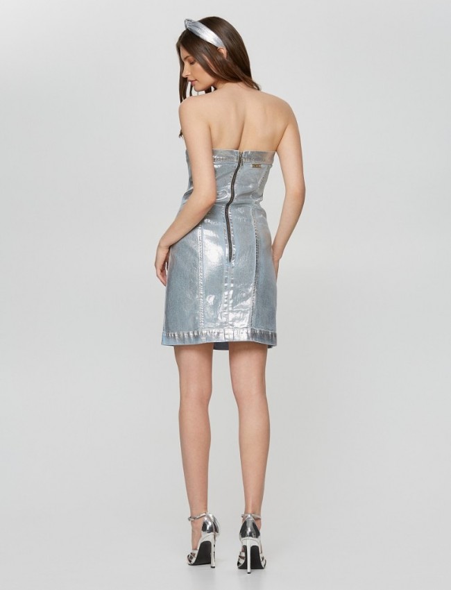 Γαλάζιο strapless κοντό φόρεμα με ιδιαίτερη μεταλλιζέ επεξεργασία και εξωτερικό φερμουάρ πίσω στην πλάτη Lynne 