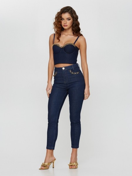 Blue jean ψηλόμεσο ελαστικό skinny παντελόνι με χρυσές αλυσίδες στις τσέπες Lynne