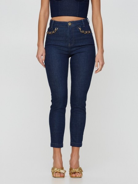Blue jean ψηλόμεσο ελαστικό skinny παντελόνι με χρυσές αλυσίδες στις τσέπες Lynne