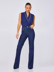 Blue jean ψηλόμεσο ελαστικό παντελόνι καμπάνα με χρυσές αλυσίδες στις τσέπες και χωρίς ξεβάμματα Lynne