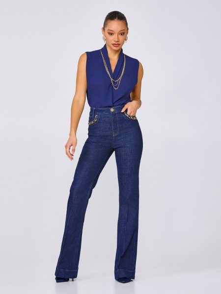 Blue jean ψηλόμεσο ελαστικό παντελόνι καμπάνα με χρυσές αλυσίδες στις τσέπες και χωρίς ξεβάμματα Lynne