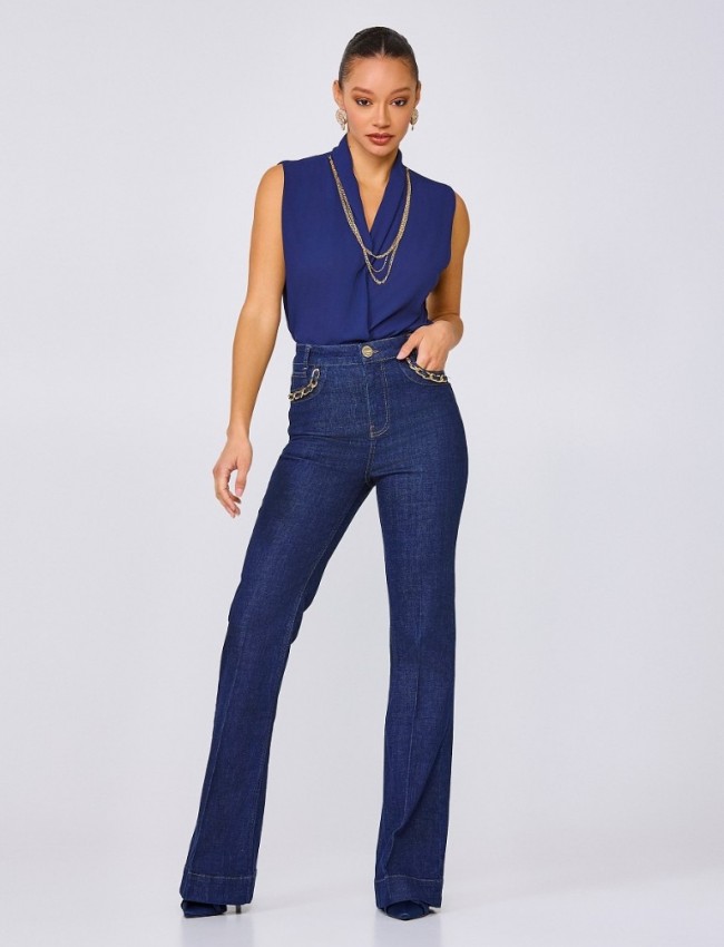 Blue jean ψηλόμεσο ελαστικό παντελόνι καμπάνα με χρυσές αλυσίδες στις τσέπες και χωρίς ξεβάμματα Lynne