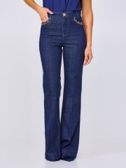 Blue jean ψηλόμεσο ελαστικό παντελόνι καμπάνα με χρυσές αλυσίδες στις τσέπες και χωρίς ξεβάμματα Lynne