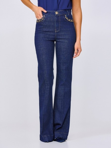 Blue jean ψηλόμεσο ελαστικό παντελόνι καμπάνα με χρυσές αλυσίδες στις τσέπες και χωρίς ξεβάμματα Lynne