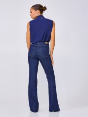 Blue jean ψηλόμεσο ελαστικό παντελόνι καμπάνα με χρυσές αλυσίδες στις τσέπες και χωρίς ξεβάμματα Lynne