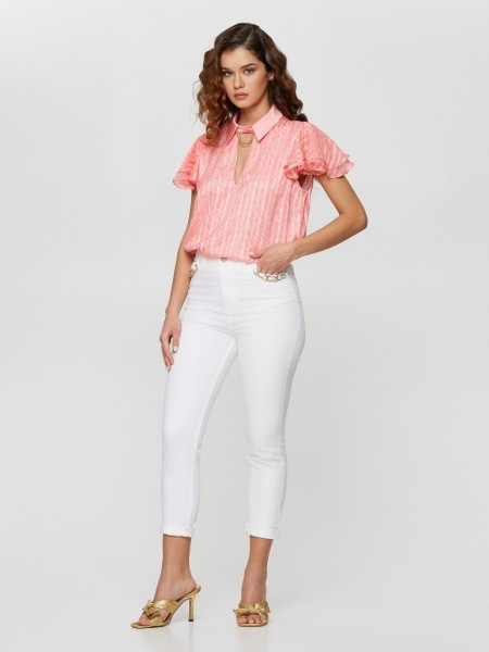 Λευκό jean ψηλόμεσο ελαστικό skinny παντελόνι με χρυσές αλυσίδες στις τσέπες Lynne