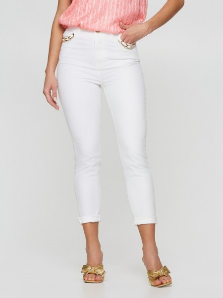 Λευκό jean ψηλόμεσο ελαστικό skinny παντελόνι με χρυσές αλυσίδες στις τσέπες Lynne