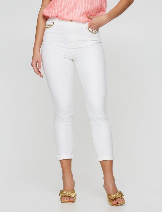 Λευκό jean ψηλόμεσο ελαστικό skinny παντελόνι με χρυσές αλυσίδες στις τσέπες Lynne