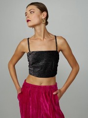 Μαύρο αμάνικο cropped top βελουτέ ριγέ με gliter και κλείσιμο με φερμουάρ στο πίσω μέρος Lynne