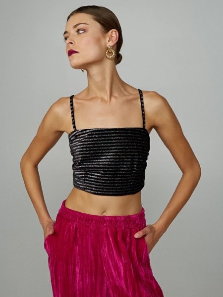Μαύρο αμάνικο cropped top βελουτέ ριγέ με gliter και κλείσιμο με φερμουάρ στο πίσω μέρος Lynne