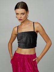 Μαύρο αμάνικο cropped top βελουτέ ριγέ με gliter και κλείσιμο με φερμουάρ στο πίσω μέρος Lynne
