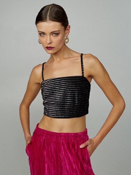 Μαύρο αμάνικο cropped top βελουτέ ριγέ με gliter και κλείσιμο με φερμουάρ στο πίσω μέρος Lynne