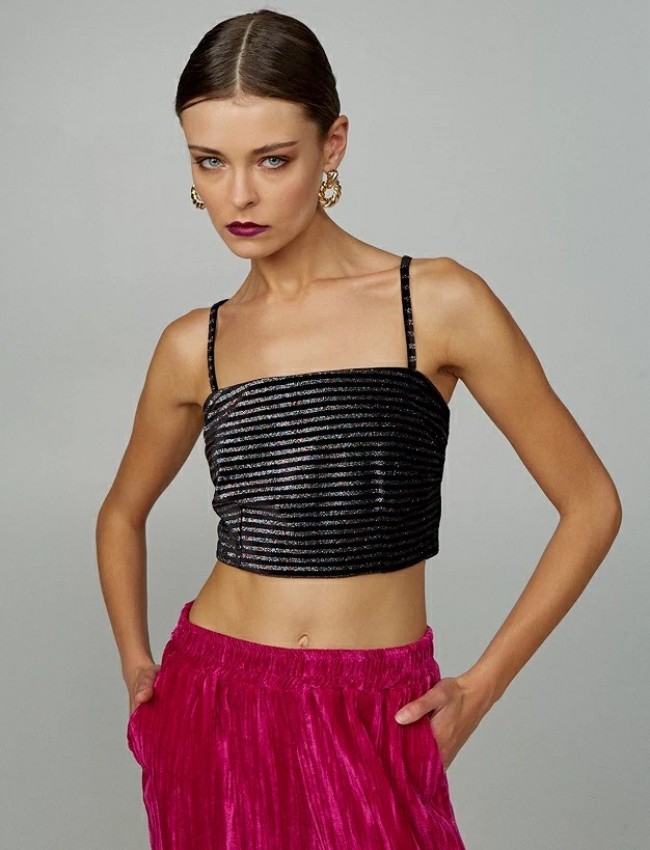 Μαύρο αμάνικο cropped top βελουτέ ριγέ με gliter και κλείσιμο με φερμουάρ στο πίσω μέρος Lynne
