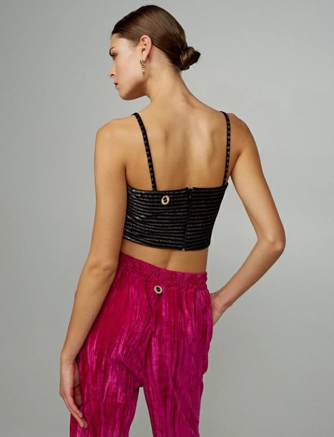 Μαύρο αμάνικο cropped top βελουτέ ριγέ με gliter και κλείσιμο με φερμουάρ στο πίσω μέρος Lynne