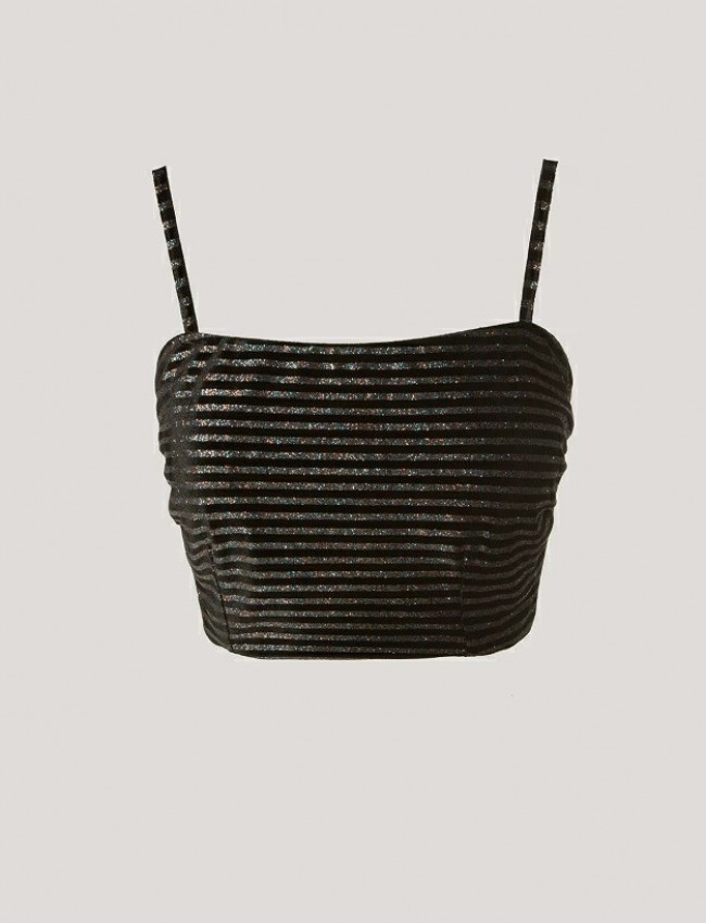 Μαύρο αμάνικο cropped top βελουτέ ριγέ με gliter και κλείσιμο με φερμουάρ στο πίσω μέρος Lynne