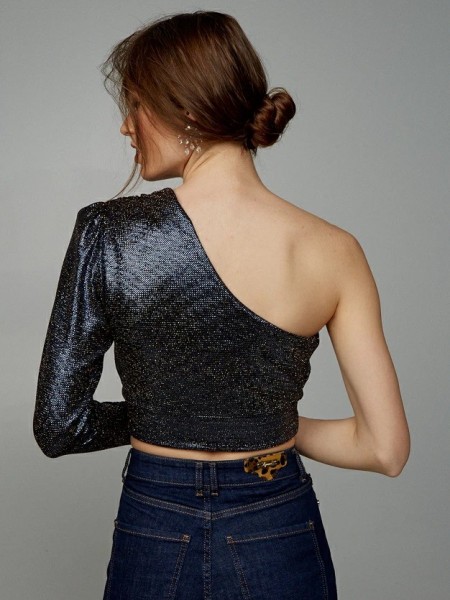 Μπλε μακρυμάνικο cropped top με έναν ώμο, lurex λεπτομέρειες και μικρό άνοιγμα στο στήθος Lynne