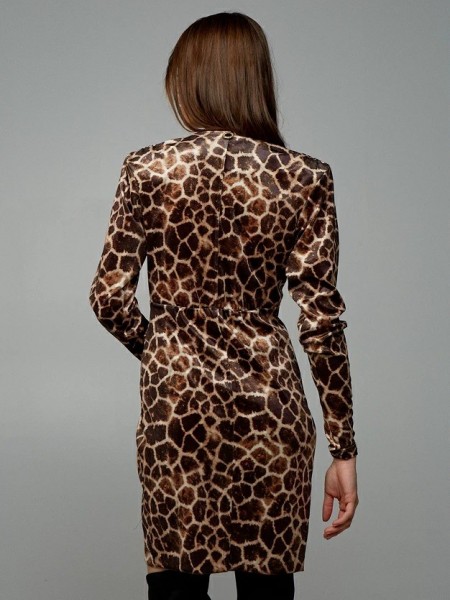 Animal printed καφέ κοντό μακρυμάνικο κρουαζέ βελουτέ φόρεμα, με βάτες στους ώμους, κόμπο μπροστά  και εσωτερική satin φούστα Lynne