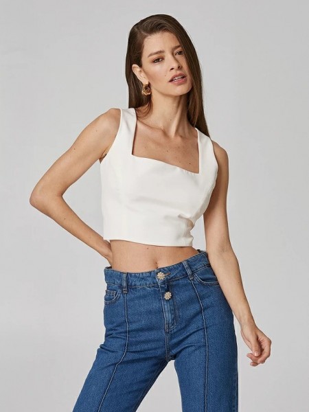 Εκρού cropped top αμάνικο με φαρδιά τιράντα και τετράγωνη λαιμόκοψη Lynne