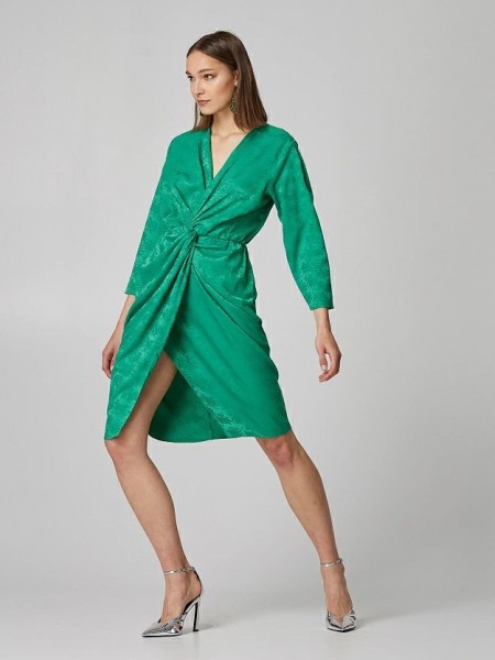 Πράσινο μακρυμάνικο midi φόρεμα κρουαζέ σε ζακάρ ύφανση, ελαστική μέση και κόμπος στη μέση Lynne