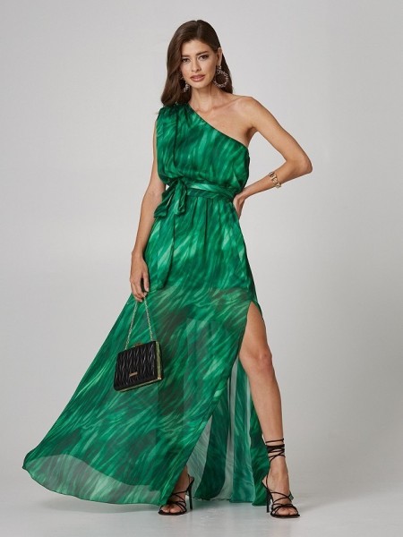 Πράσινο zebra printed αμάνικο maxi φόρεμα με έναν ώμο, σκίσιμο στο πλάι και αποσπώμενη υφασμάτινη ζώνη Lynne