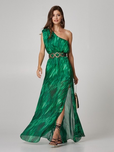 Πράσινο zebra printed αμάνικο maxi φόρεμα με έναν ώμο, σκίσιμο στο πλάι και αποσπώμενη υφασμάτινη ζώνη Lynne