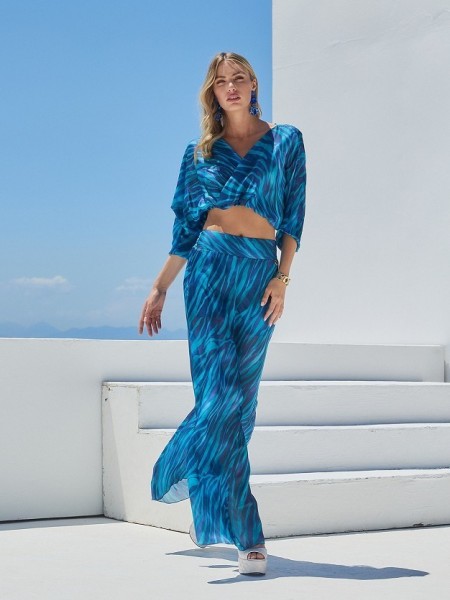 Zebra printed μπλε ψηλόμεση παντελόνα με φαρδιά μπάσκα στη μέση Lynne