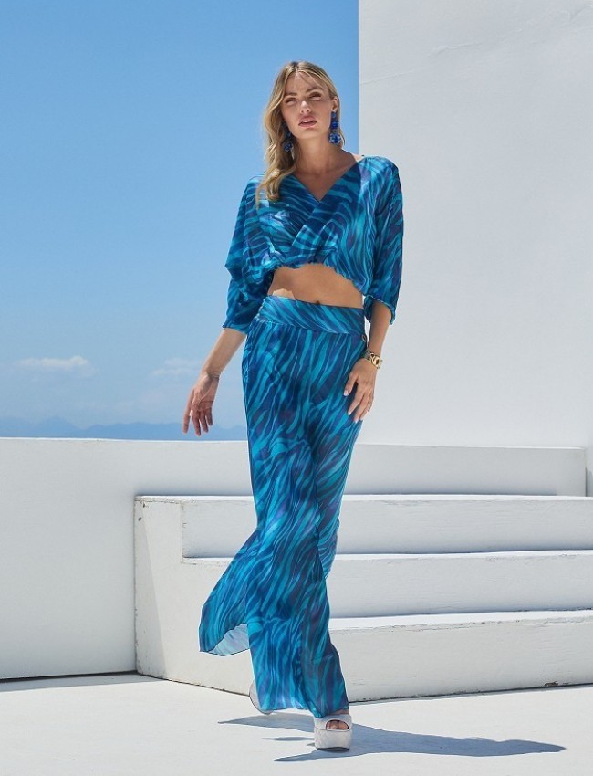 Zebra printed μπλε ψηλόμεση παντελόνα με φαρδιά μπάσκα στη μέση Lynne