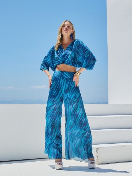 Zebra printed μπλε ψηλόμεση παντελόνα με φαρδιά μπάσκα στη μέση Lynne