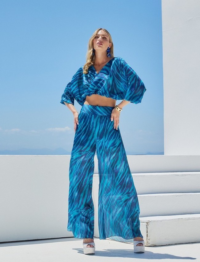 Zebra printed μπλε ψηλόμεση παντελόνα με φαρδιά μπάσκα στη μέση Lynne