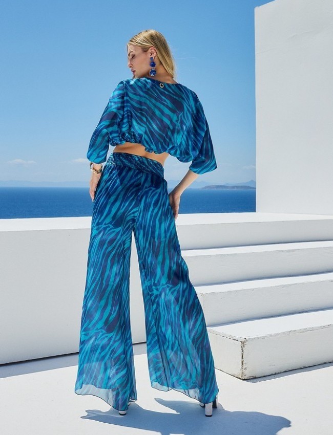 Zebra printed μπλε ψηλόμεση παντελόνα με φαρδιά μπάσκα στη μέση Lynne