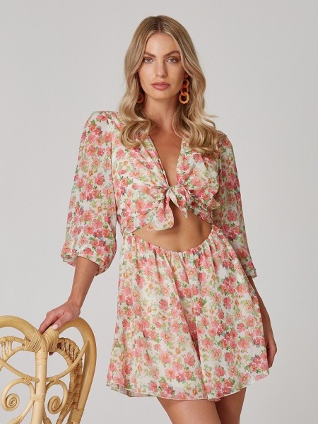 Floral printed ροζ μακρυμάνικο ολόσωμο σορτς με ιδιαίτερο δέσιμο στο στήθος Lynne