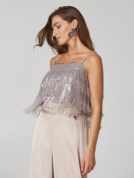 Ασημί παγετένιο αμάνικο cropped top με λεπτές ρυθμιζόμενες τιράντες Lynne