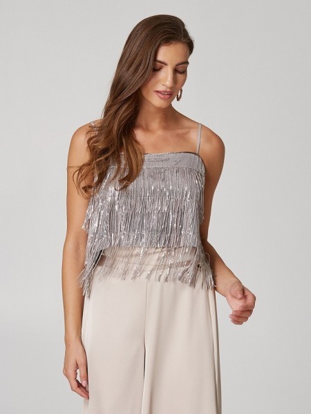 Ασημί παγετένιο αμάνικο cropped top με λεπτές ρυθμιζόμενες τιράντες Lynne