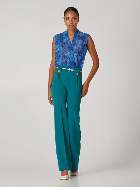Floral printed μπλε ρουά αμάνικη κρουαζέ ημιδιάφανη μπλούζα με λάστιχο στο μπροστινό τελείωμα Lynne