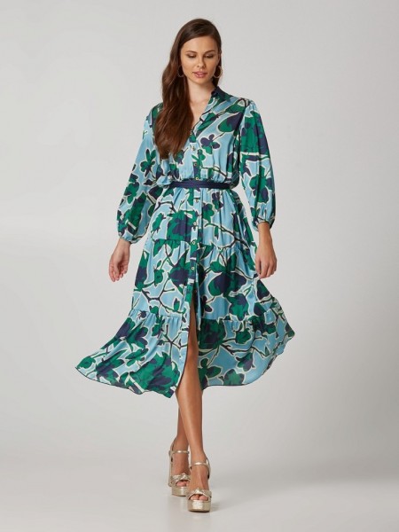 Floral printed πράσινο-μπλε μακρυμάνικο ματ σατέν midi shirt-look φόρεμα με βολάν σε επίπεδα, χρυσά κουμπιά, λάστιχο στην μέση και αποσπώμενη υφασμάτινη ζώνη Lynne