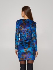 Floral printed μπλε ρουά βελουτέ μακρυμάνικο κρουαζέ κοντό φόρεμα με βάτες στους ώμους και σούρες μπροστά Lynne 