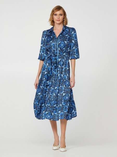 Floral printed μπλε σατέν midi μακρυμάνικο φόρεμα με κουμπιά στο μπροστινό μέρος, βολάν σε επίπεδα, πέτω γιακά, λάστιχο στη μέση και αποσπώμενη υφασμάτινη ζώνη Lynne