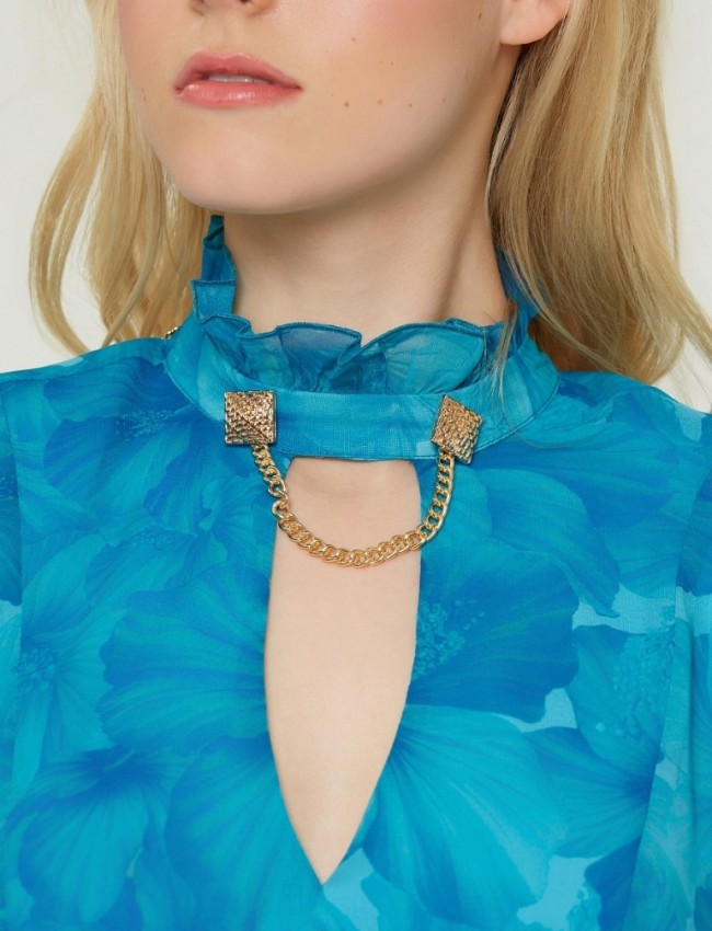 Floral printed πετρόλ μακρυμάνικο κοντό φόρεμα με σούρες στο κάτω μέρος, δάκρυ άνοιγμα στην κλειστή λαιμόκοψη και μικρά βολάν στους ώμους Lynne 