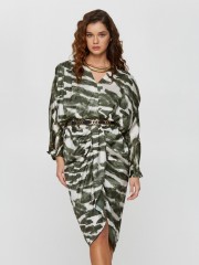 Animal printed λαδί κρουαζέ midi φόρεμα με λάστιχο στη μέση, ρεγκλάν μανικοκόλληση και μικρές σούρες με βολάν στο μπροστινό κάτω μέρος Lynne  