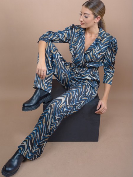 Animal printed μπλε ψηλόμεση παντελόνα με μικρό λάστιχο στην μέση, κορδόνι μπροστά και πλαϊνές τσέπες Lynne
