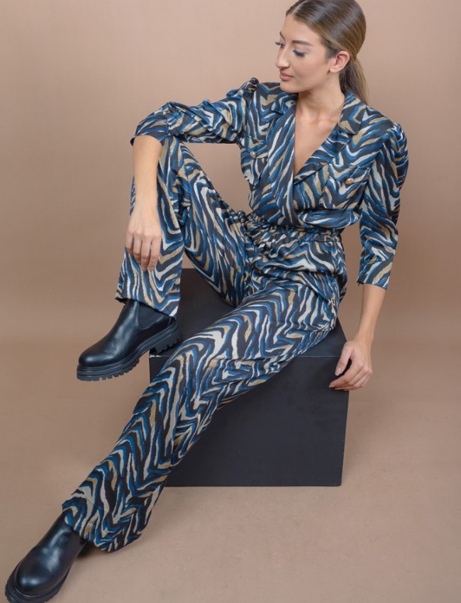 Animal printed μπλε ψηλόμεση παντελόνα με μικρό λάστιχο στην μέση, κορδόνι μπροστά και πλαϊνές τσέπες Lynne
