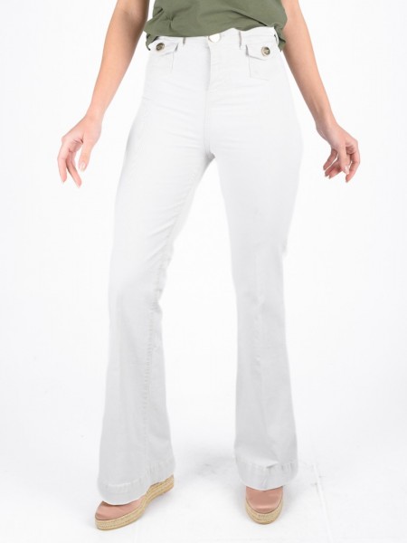 Εκρού high-waisted jean παντελόνι καμπάνα με μικρές τσέπες μπροστά, χρυσά κουμπιά και animal printed λεπτομέρεια στο ζωνάκι στη μέση Lynne
