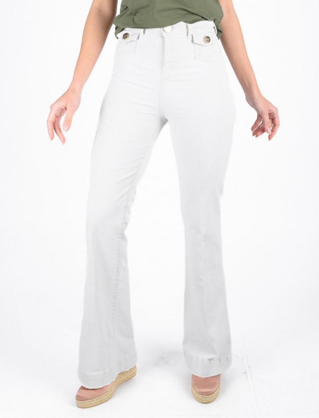 Εκρού high-waisted jean παντελόνι καμπάνα με μικρές τσέπες μπροστά, χρυσά κουμπιά και animal printed λεπτομέρεια στο ζωνάκι στη μέση Lynne