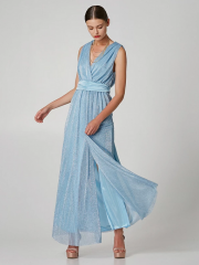 Σιελ lurex αμάνικο κρουαζέ maxi φόρεμα με ελαστική μέση και αποσπώμενη σατέν ζώνη Lynne