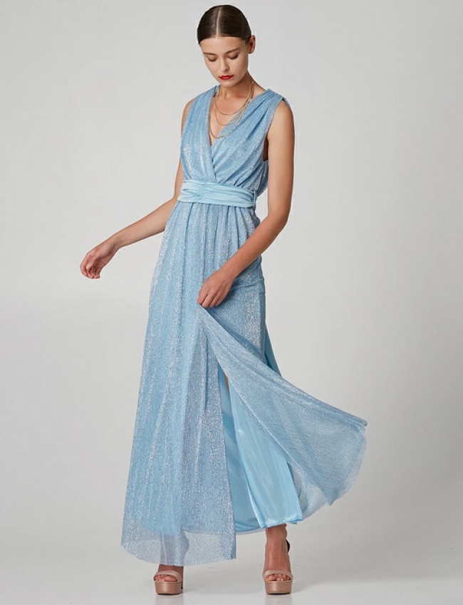 Σιελ lurex αμάνικο κρουαζέ maxi φόρεμα με ελαστική μέση και αποσπώμενη σατέν ζώνη Lynne