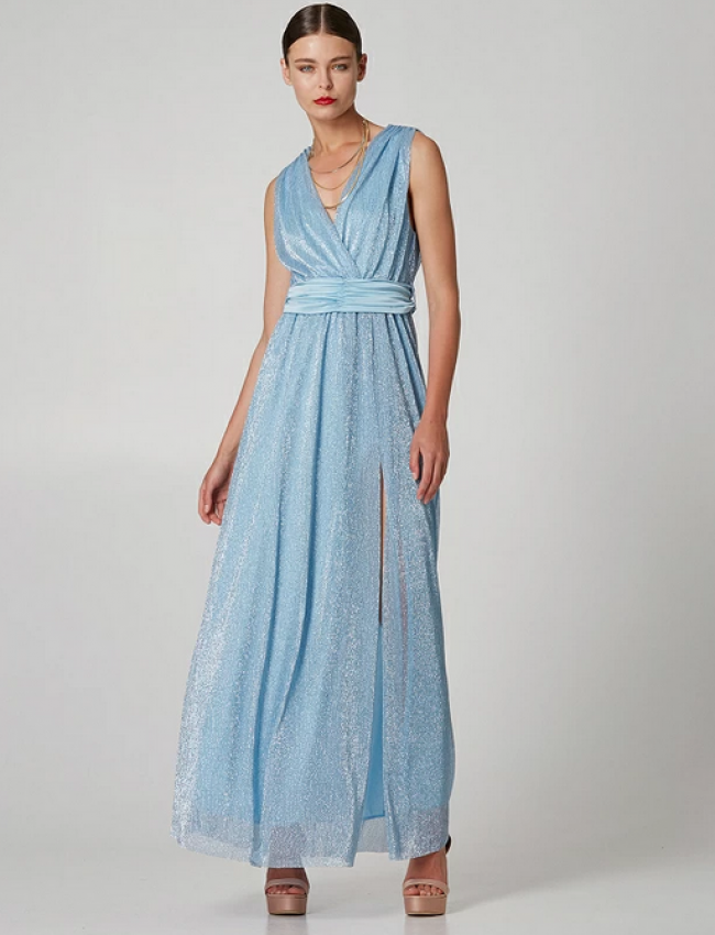 Σιελ lurex αμάνικο κρουαζέ maxi φόρεμα με ελαστική μέση και αποσπώμενη σατέν ζώνη Lynne