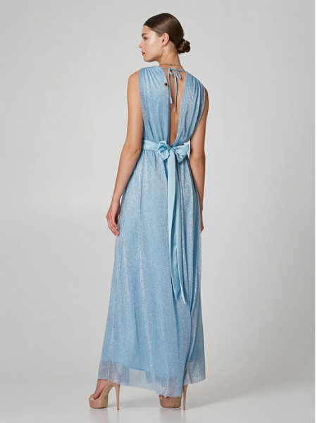 Σιελ lurex αμάνικο κρουαζέ maxi φόρεμα με ελαστική μέση και αποσπώμενη σατέν ζώνη Lynne