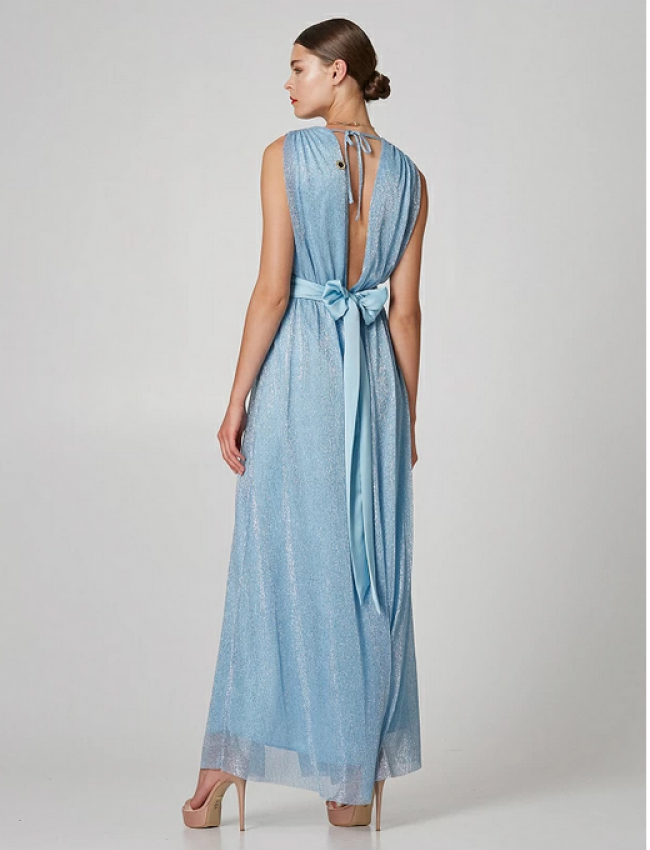 Σιελ lurex αμάνικο κρουαζέ maxi φόρεμα με ελαστική μέση και αποσπώμενη σατέν ζώνη Lynne