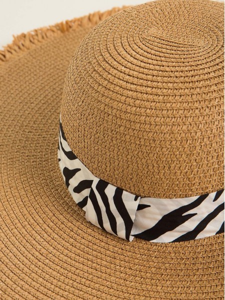 Μπεζ ψάθινο καπέλο με δοακοσμητική zebra printed τρέσα Lynne